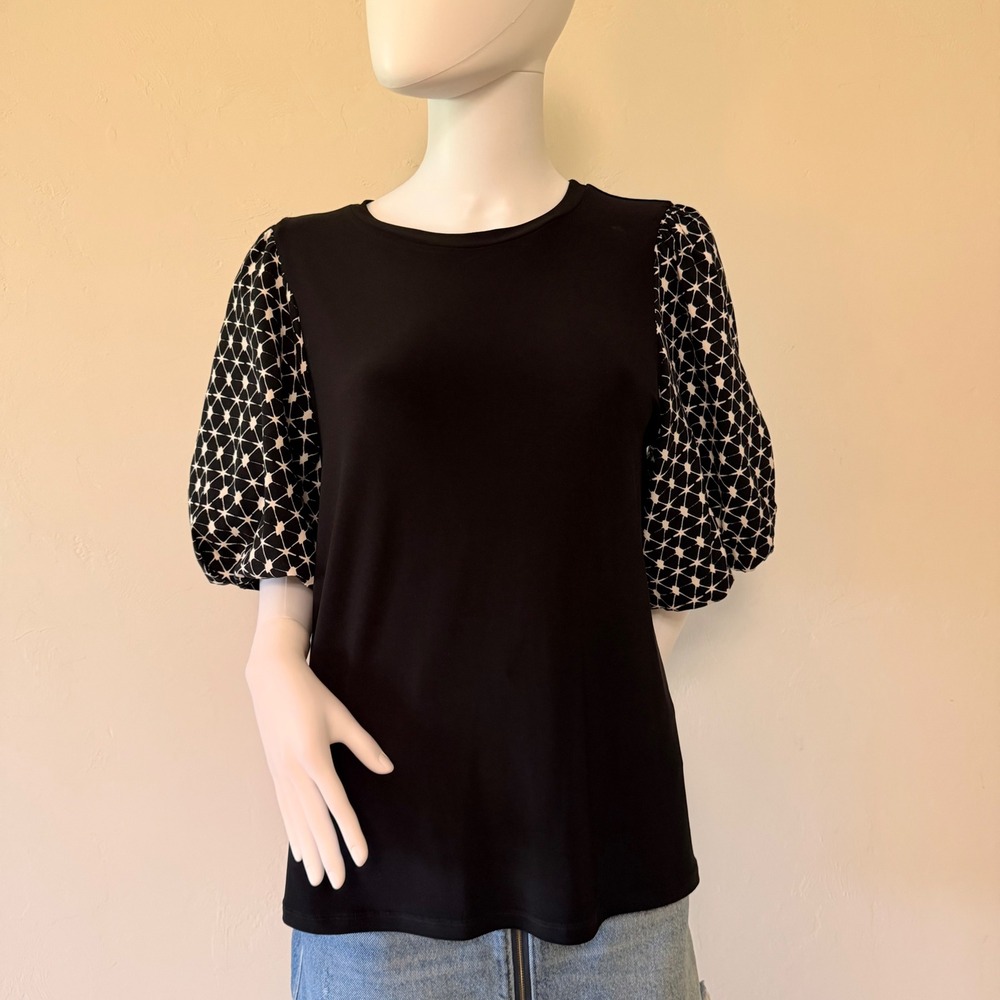 NWT Scapa Lauren Perre Women's Black Puff Sleeve Geometric Print Top‎  Size L